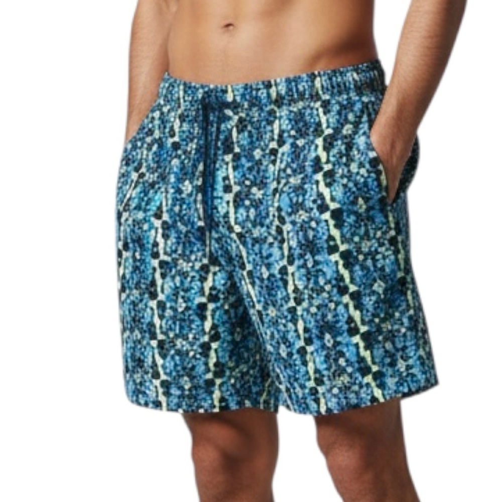 Men’s Swim Trunk Sz 2XL Blue Yellow Tropical Abstract Print